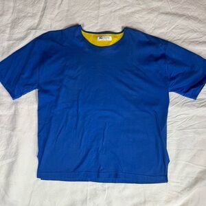 Vintage 90s Russell Athletic Blue Ringer T-Shirt Yellow Collar Made in USA
